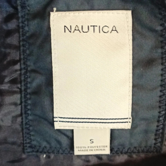 Nautica navy cream stripe thin puffer anchor detail buttons snap closure S - Picture 6 of 7